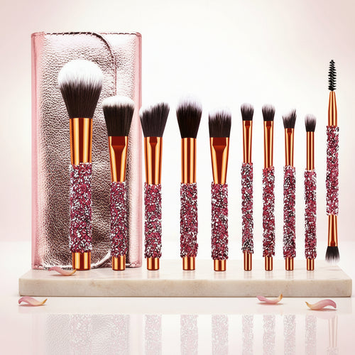 10-piece crystal handle makeup brush set with soft bristles for face and eye makeup application.