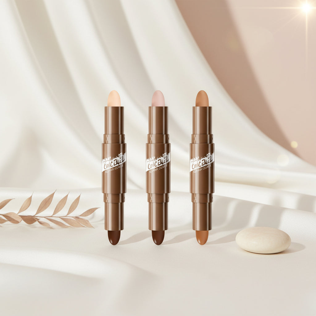 Cream contour and highlight stick set for face makeup.