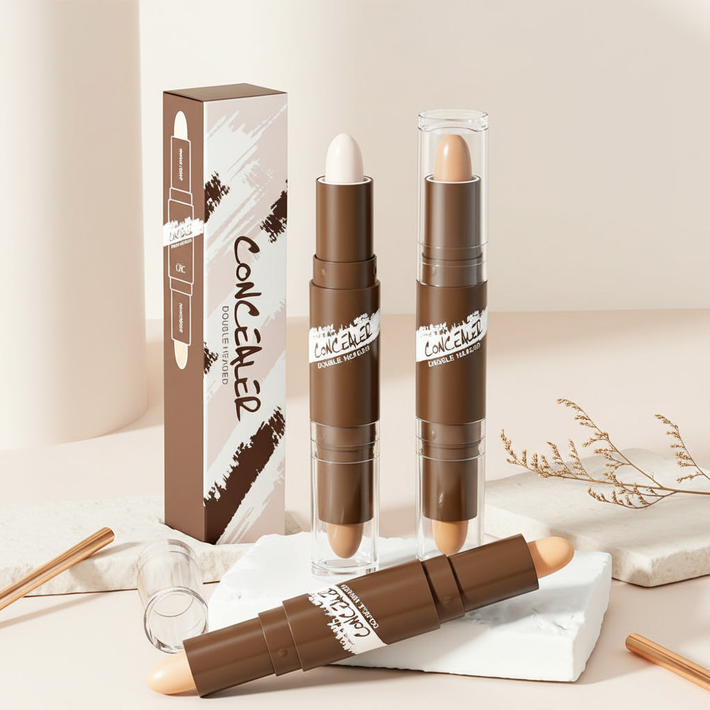 Dual-ended contour and highlighter makeup sticks.