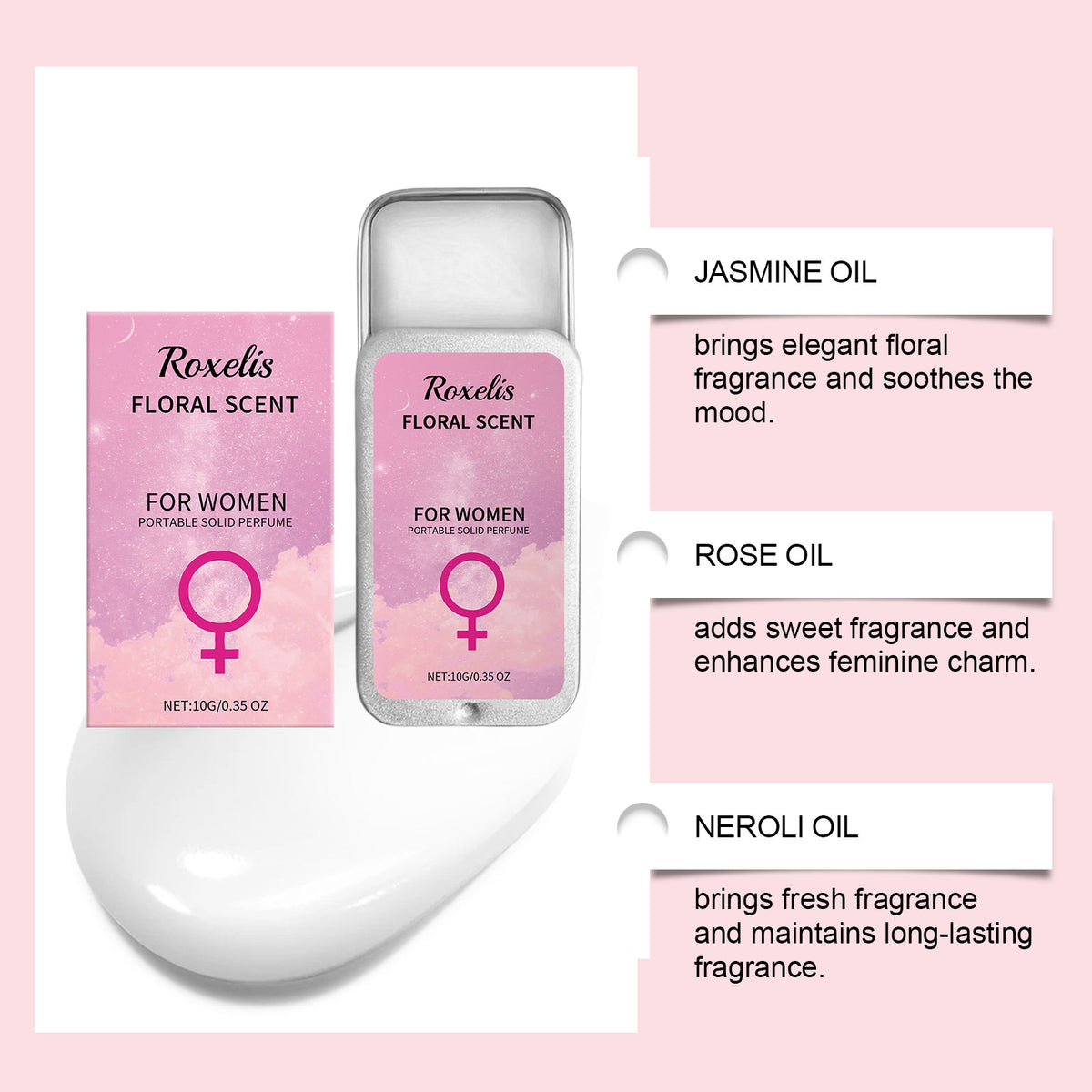 Smooth solid perfume balm packaging for women.