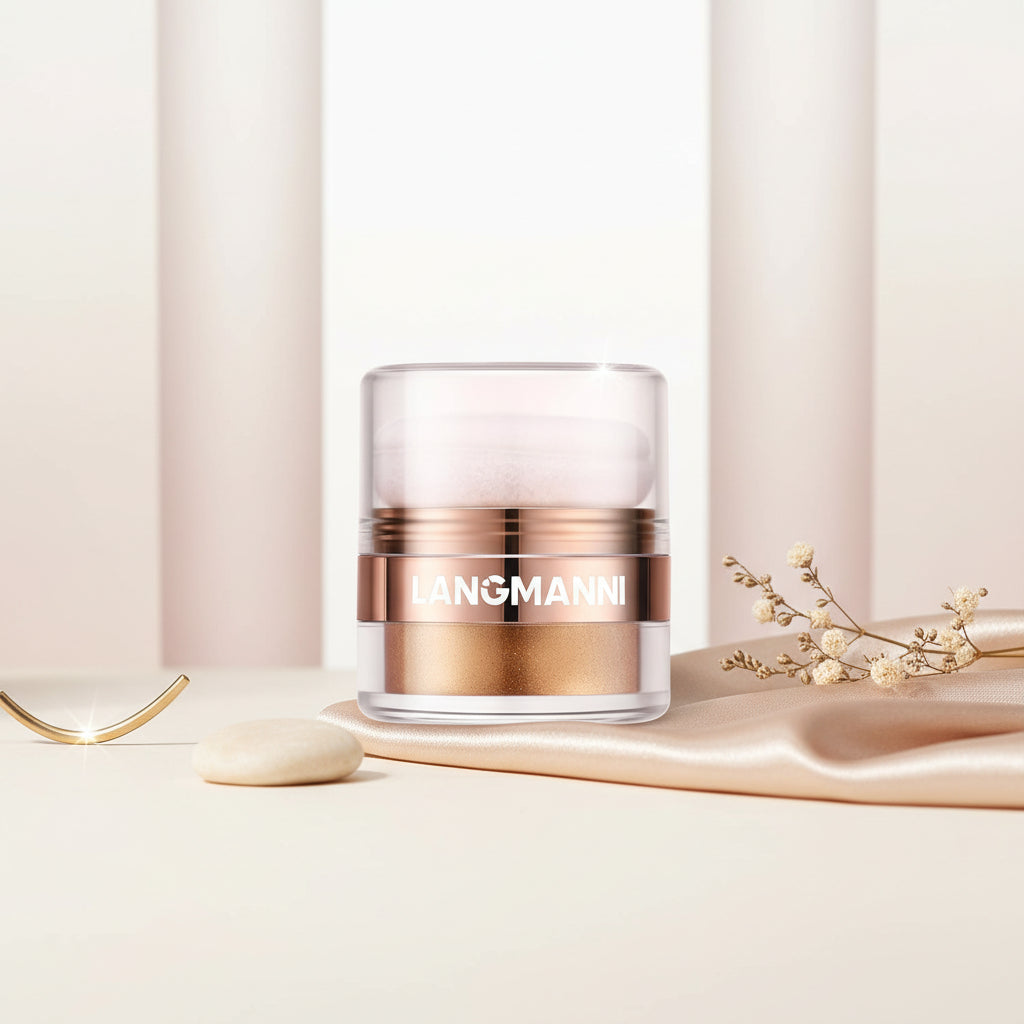 Golden shimmer highlighter powder for face makeup.